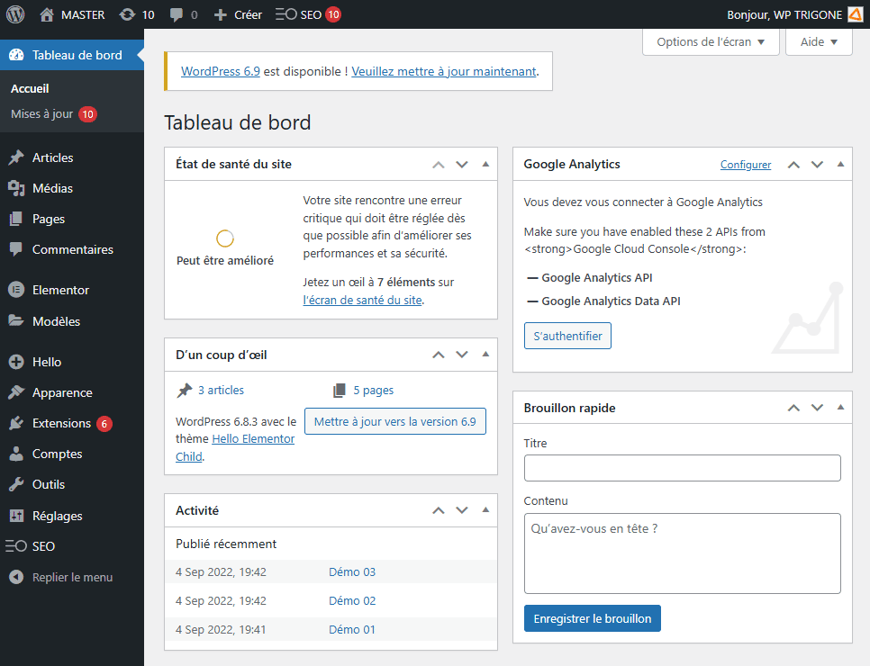 Interface d'administration WordPress