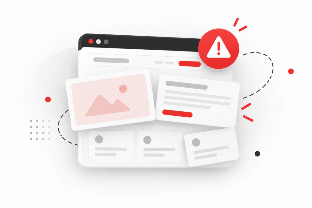 Illustration d'un site web avec une mise en page cassée, des blocs décalés et un symbole d'alerte rouge.