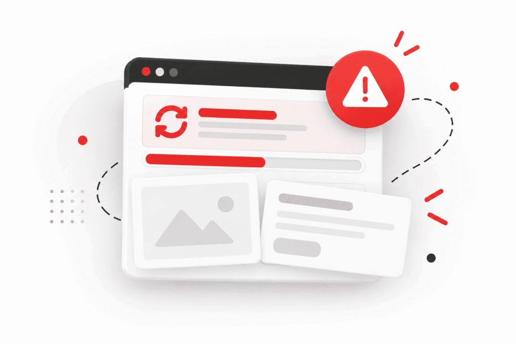 Illustration d'un site web en erreur après une mise à jour, avec une fenêtre de navigateur et un symbole d'alerte rouge.