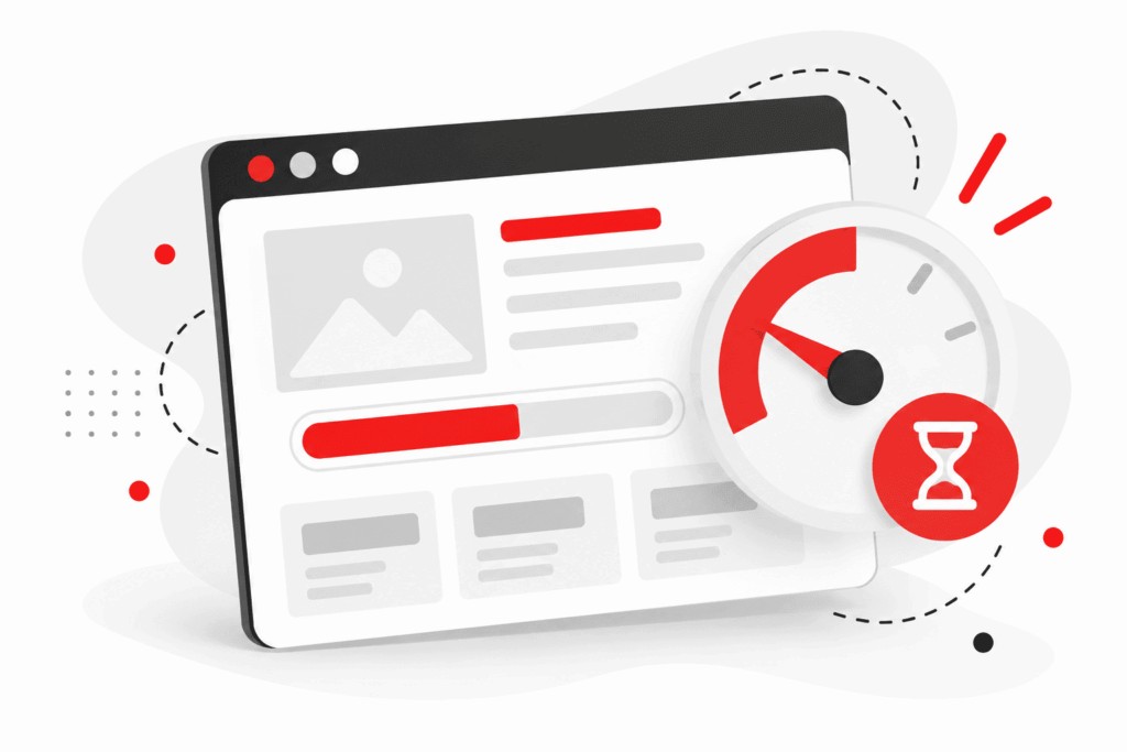 Illustration d’un site web lent avec une barre de chargement et un indicateur de vitesse signalant un chargement prolongé.