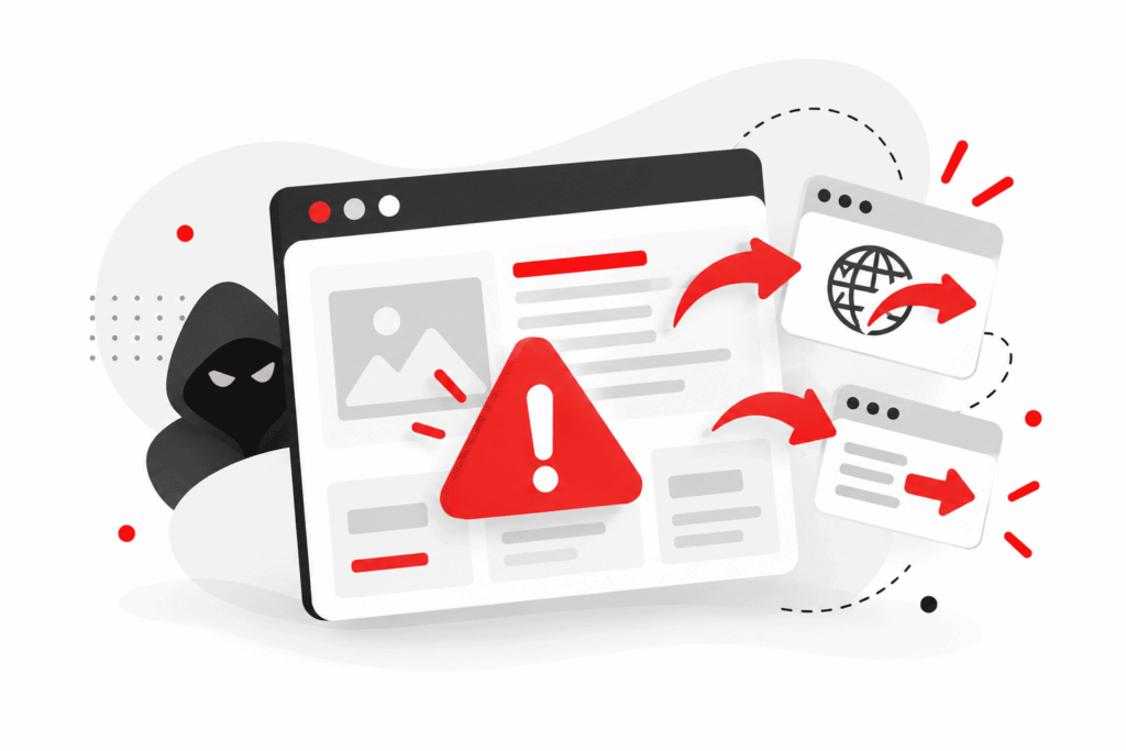 Illustration d’un site web potentiellement piraté avec une alerte rouge, des fenêtres suspectes et des flèches symbolisant des redirections malveillantes.
