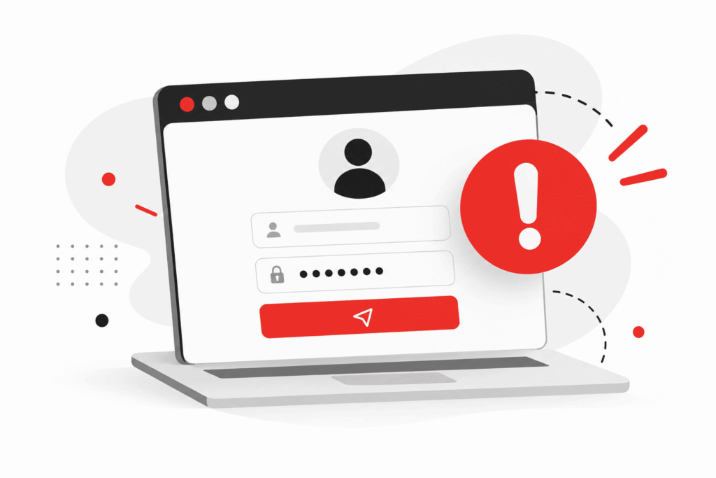 Illustration d’un formulaire de connexion à l’administration d’un site web avec un symbole d’alerte rouge signalant un accès bloqué.