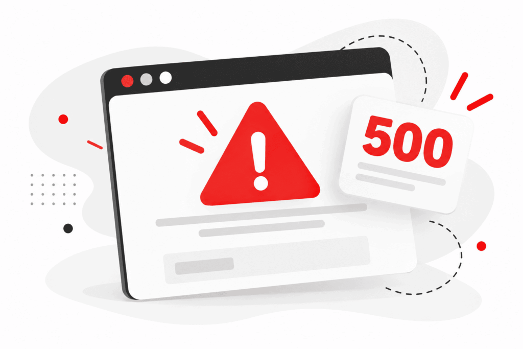 Illustration d’un site web inaccessible avec une page blanche et un symbole d’erreur rouge
